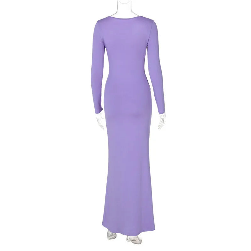 Women Square Collar Long Sleeve Long Gown Fashion Elegant Solid Bodycon Maxi Dress