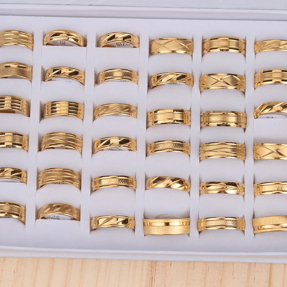 24pcs/lot Fashion Stainless Steel Stripe Gold Color Men Mix Stylish Rings