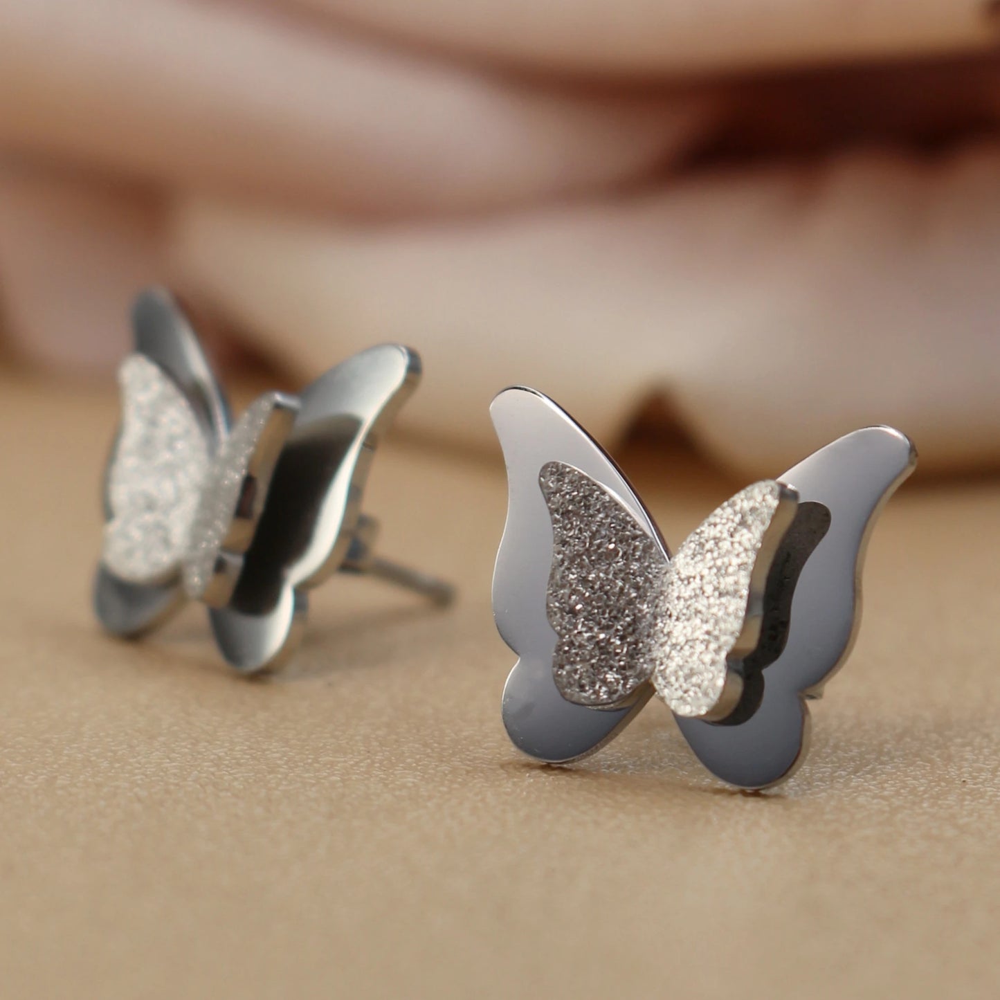 Sweet Romantic Gold Color Three-Dimensional Butterfly Design Stainless Steel Stud Earrings