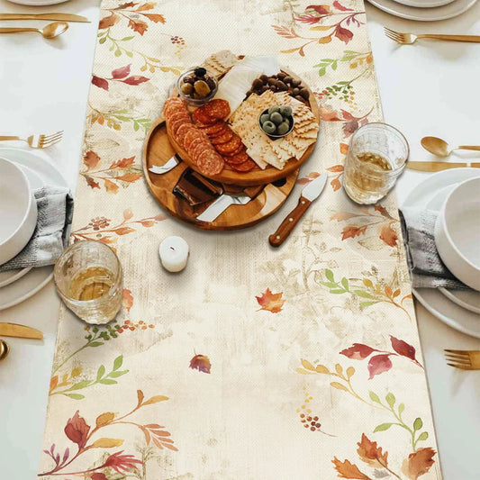 Vintage Fall Leaf Pumpkin Squirrel Rabbit Design Tabletop Table Runner Decor