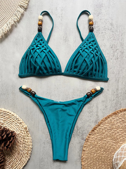 Sexy Women Pearls Strap Hole Out Push Up Bra Thong Swimsuit Brazilian Beach Bathing Micro Bikini Suit