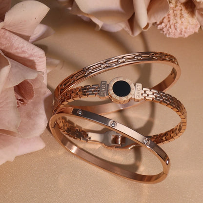 Stainless Steel Zircon Roman Numeral Chain Design Women Bracelet Bangle