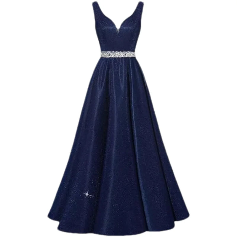 Women Glitter Satin Prom Long Corset V-Neck Beaded Belt Formal Evening Party Dress w/ Pockets