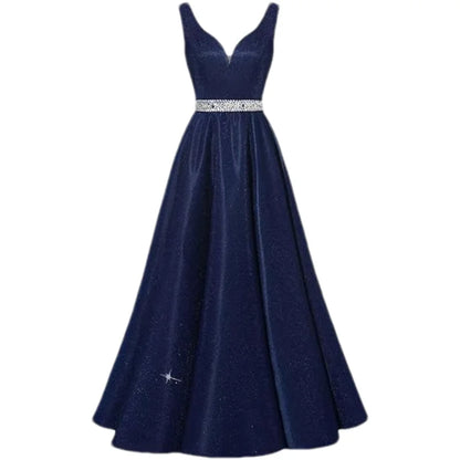 Women Glitter Satin Prom Long Corset V-Neck Beaded Belt Formal Evening Party Dress w/ Pockets