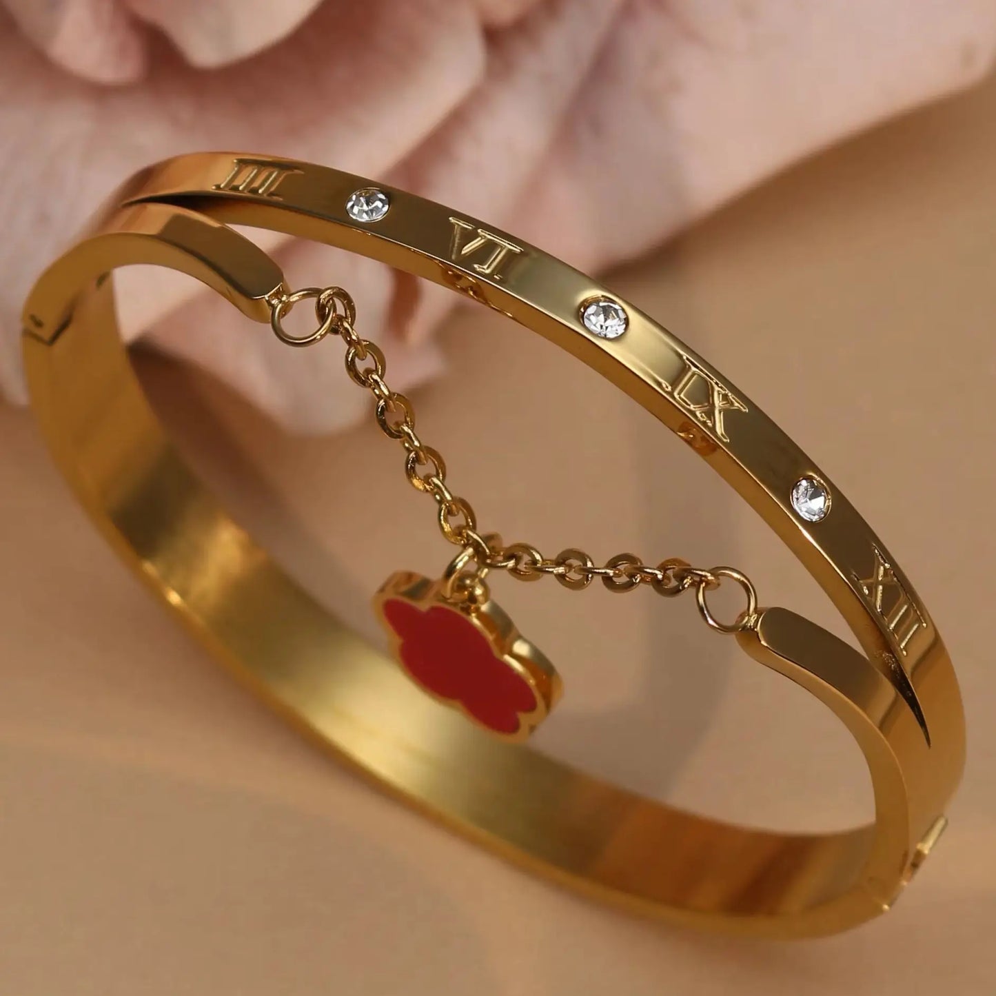 Roman Numeral Crystal Flower Shaped Pendant Stainless Steel Bracelet Bangles