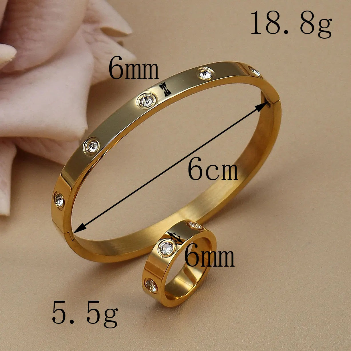 2-in-1 Women 18K Gold-Plated Stainless Steel Bracelet Ring Jewelry Set.