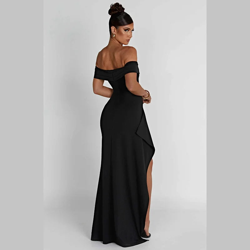 Women Off-shoulder Ruffled Thigh High Split Maxi Slash Neck Backless Bodycon Party Evening Dress