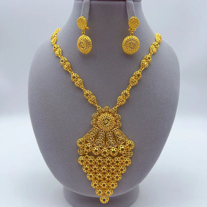 Indian 24K Gold Plated Big Floral Women African Dubai Bridal Wedding Necklace Earrings Jewelry Set