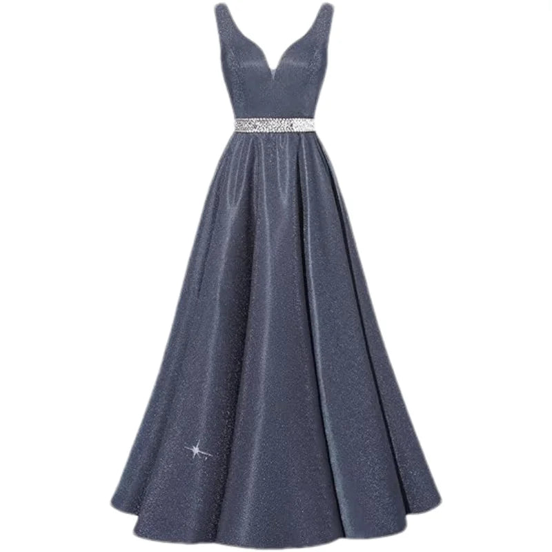 Women Glitter Satin Prom Long Corset V-Neck Beaded Belt Formal Evening Party Dress w/ Pockets