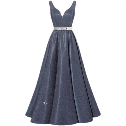 Women Glitter Satin Prom Long Corset V-Neck Beaded Belt Formal Evening Party Dress w/ Pockets