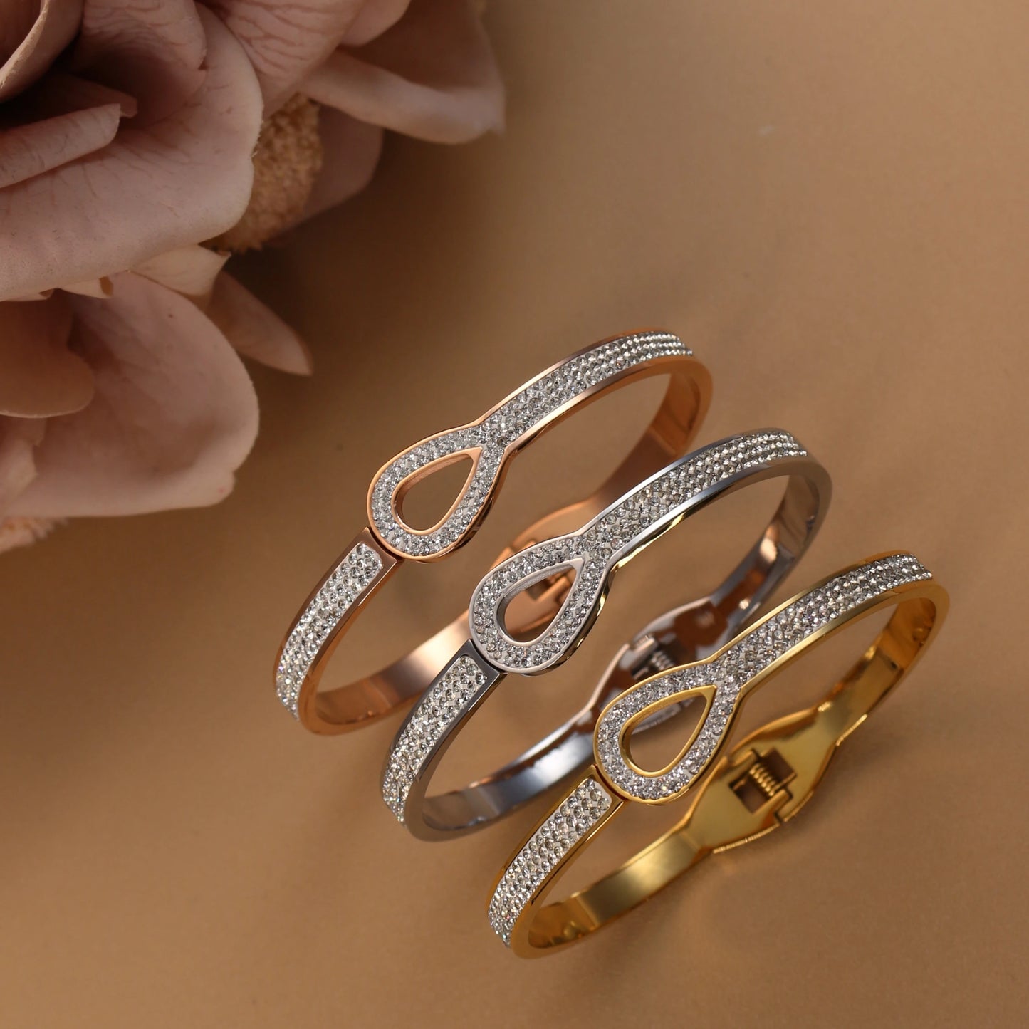 Women Stainless Steel Crystal Hollow Water Drop Open Bracelet Bangle