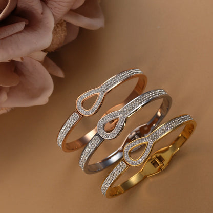 Women Stainless Steel Crystal Hollow Water Drop Open Bracelet Bangle