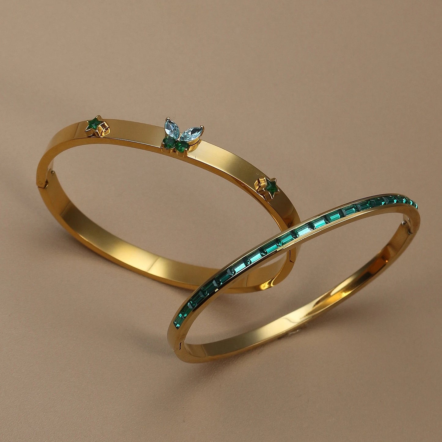 Women's Stainless Steel Green Crystal Gold Color Bracelet Bangle