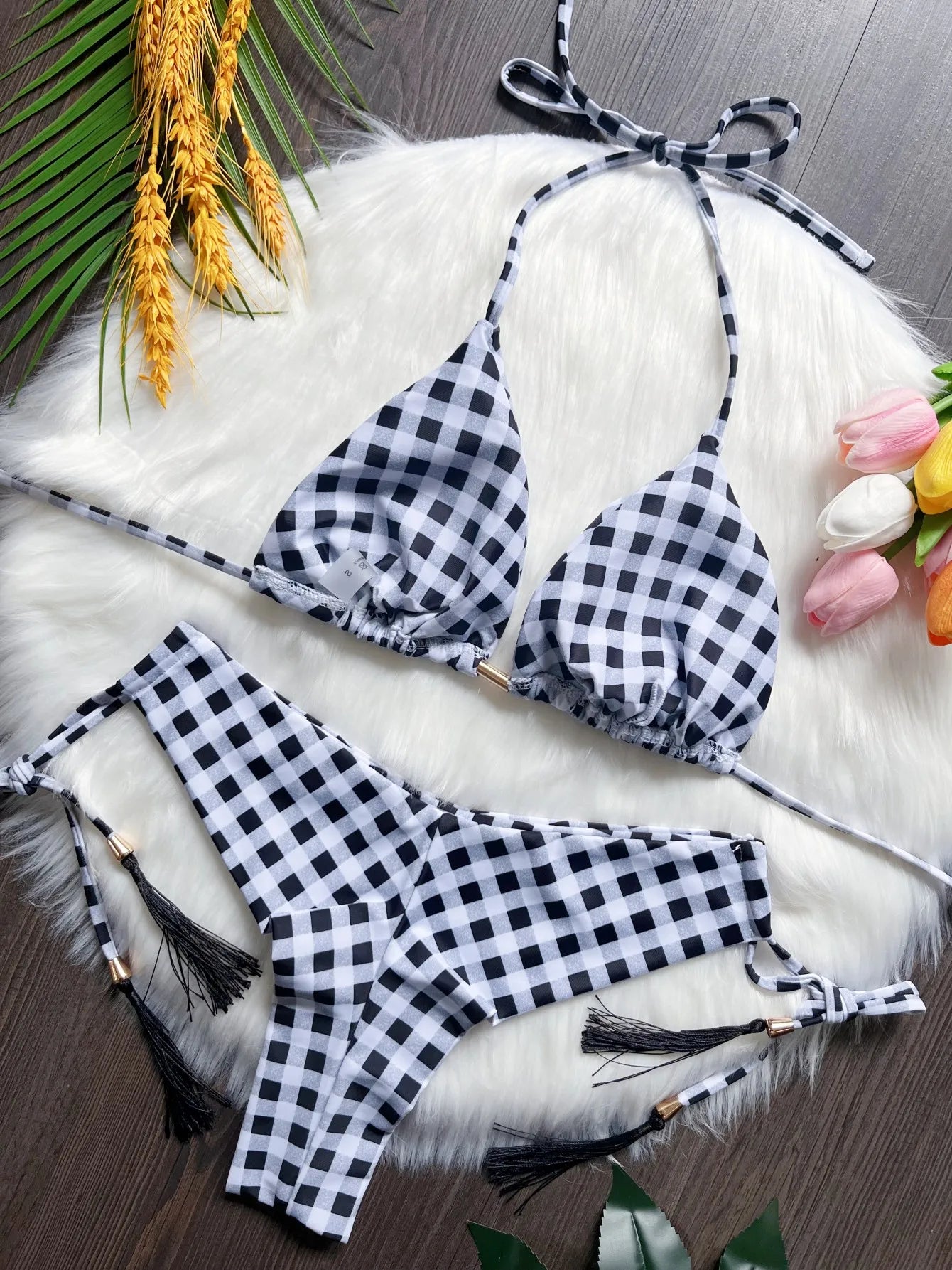 Sexy Lattice Print Bandage Bikini Swimsuit Two-piece Triangle Swimwear Bathing Brazilian Suit