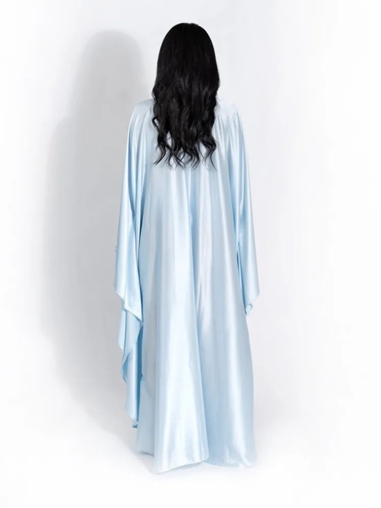 Women Satin Cloak Long Sleeve Loose Kaftan Fashion O Neck Long Dress