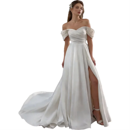 Princess Off The Shoulder A-Line Satin Pleats Lace Appliques Ball Gown Bridal Wedding Dress