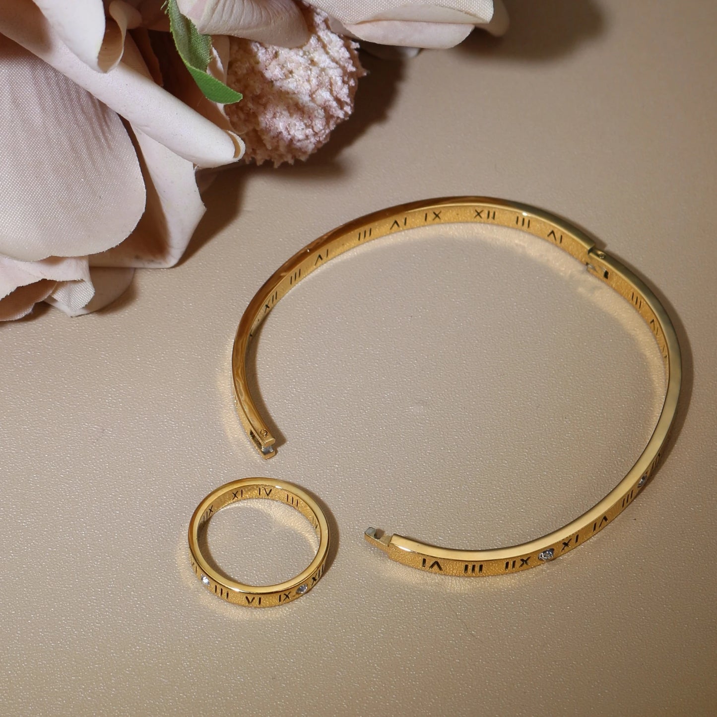 Stainless Steel 18K gold plated Roman Numeral Bracelet Bangles Ring 2-in-1 Jewelry