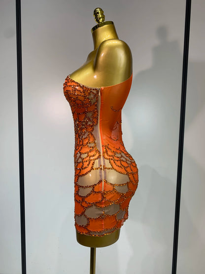 Women Sexy Mesh See Through One Shoulder Rhinestones Nightclub Evening Party Birthday Mini Dress