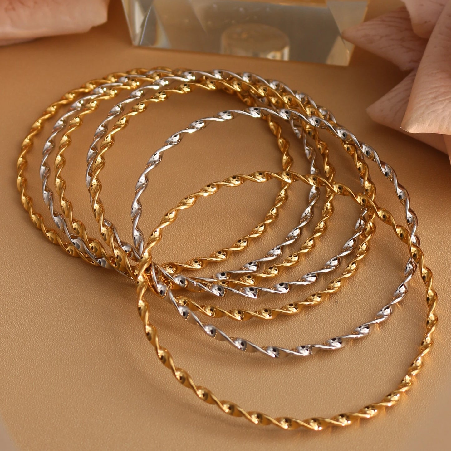 7pcs Stacking Bangle Design Roman Style Stainless Steel Gold Color Bracelet Gifts