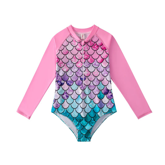 One-Piece Kids Girls Long Sleeve 3D Scale Print Swim Rash Guard Bikini Cut Swimwear