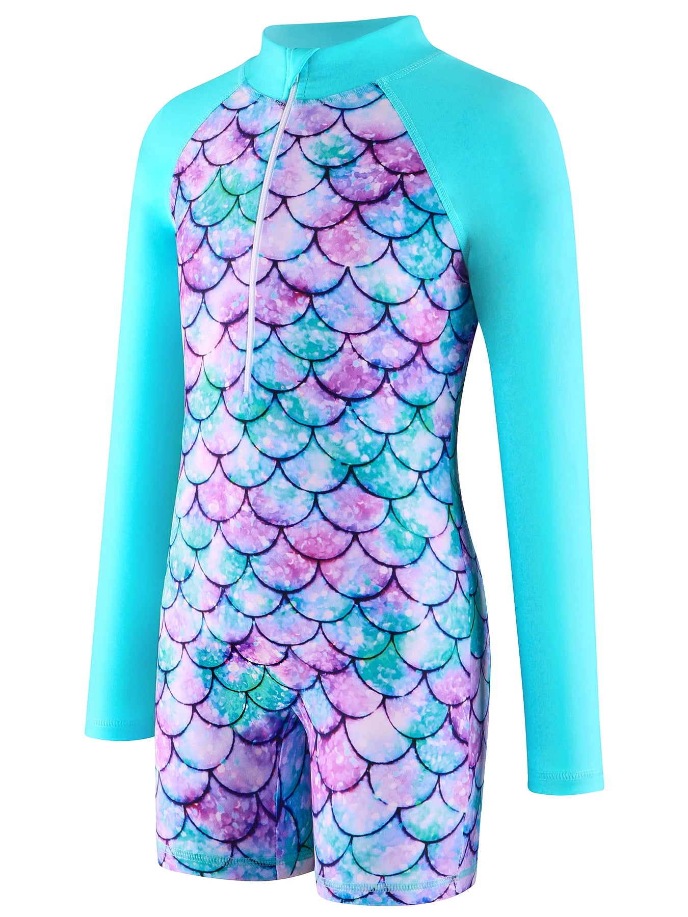 Kids Girls Long Raglan Sleeve Scale Print Zipper Boyleg Shorts Swimwear Beach Swimsuit