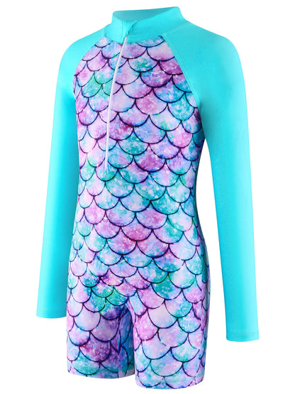 Kids Girls Long Raglan Sleeve Scale Print Zipper Boyleg Shorts Swimwear Beach Swimsuit