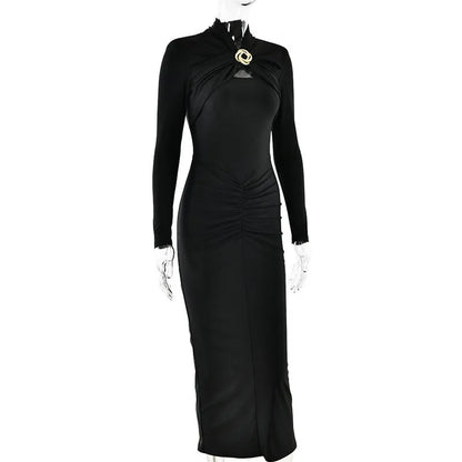 Women Elegant Hollow Out Long Sleeve Maxi  Metal Buckle Ruched Slit Long Dress