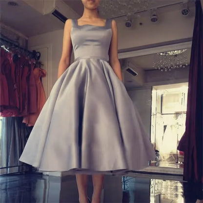 Women's Square Neck Satin Prom Bow A Line Backless Tea Length Formal Evening Party Dress w/ Pockets