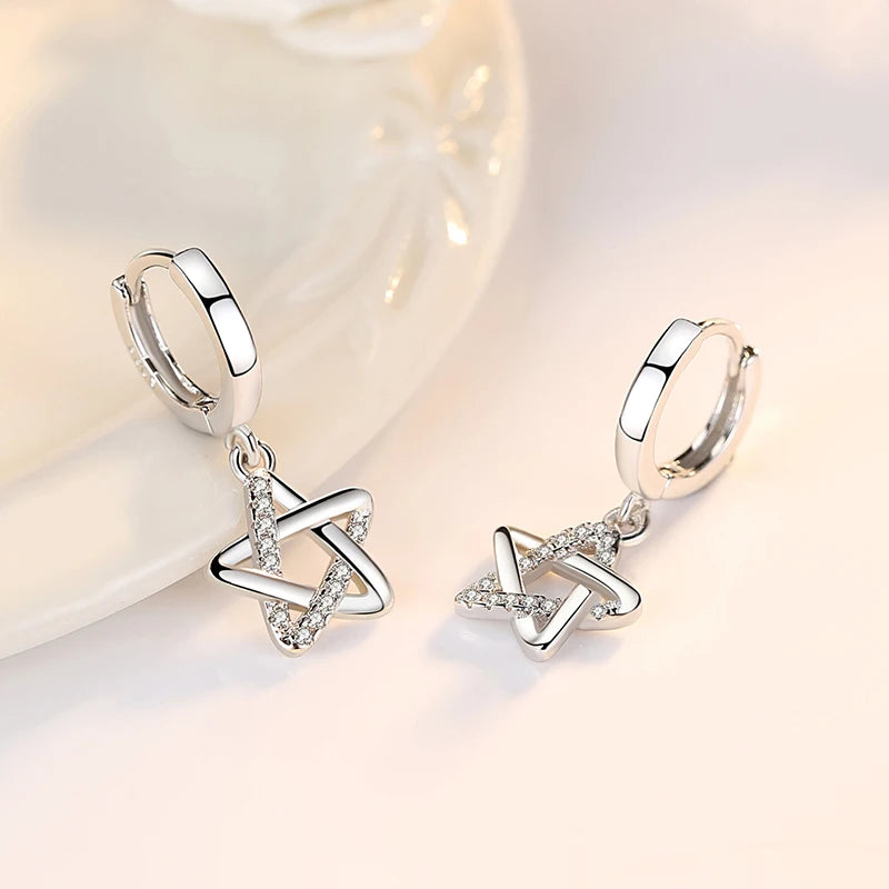 Solid 925 Sterling Silver Women Bridal Wedding Crystal Trendy Zircon Star Drop Earrings