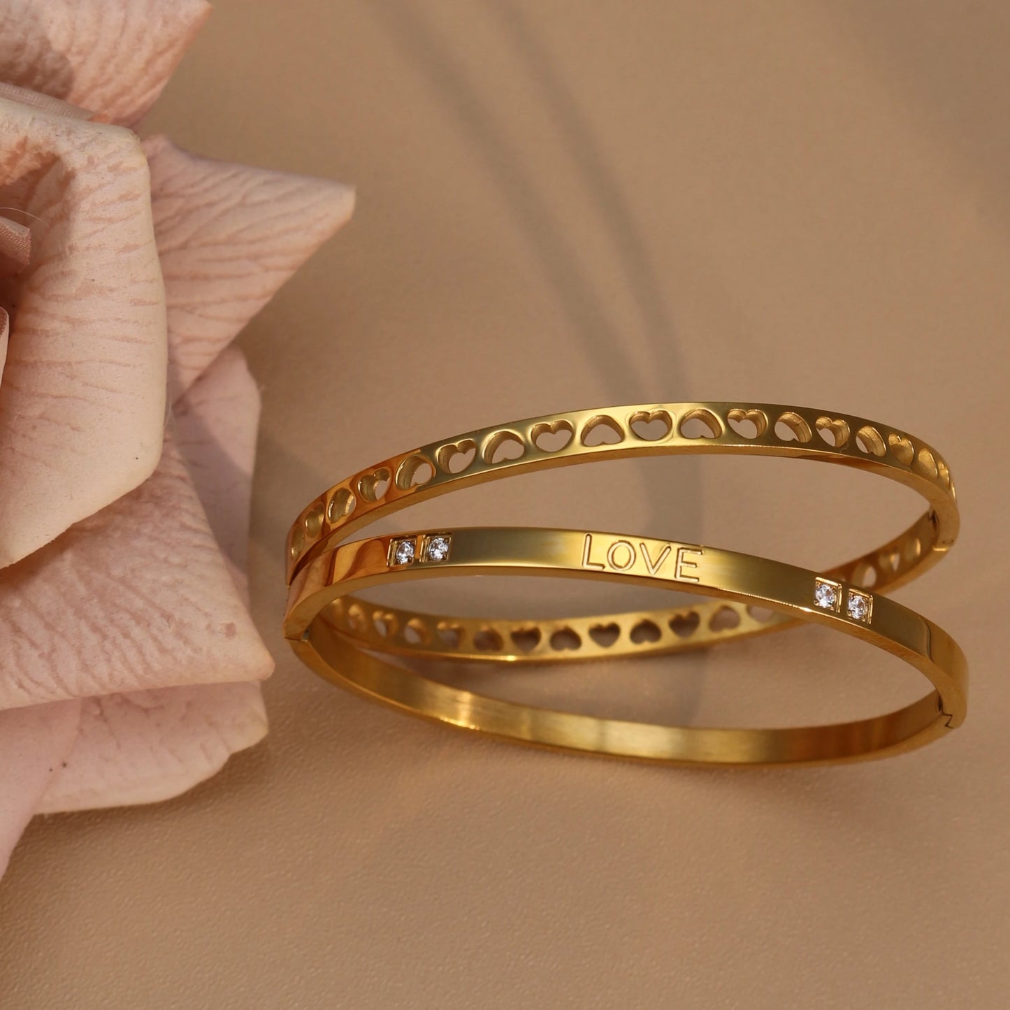 18K Gold-Plated LOVE Stainless Steel Zircon Openwork Bangle Bracelet Women's Jewelry