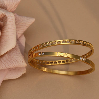 18K Gold-Plated LOVE Stainless Steel Zircon Openwork Bangle Bracelet Women's Jewelry