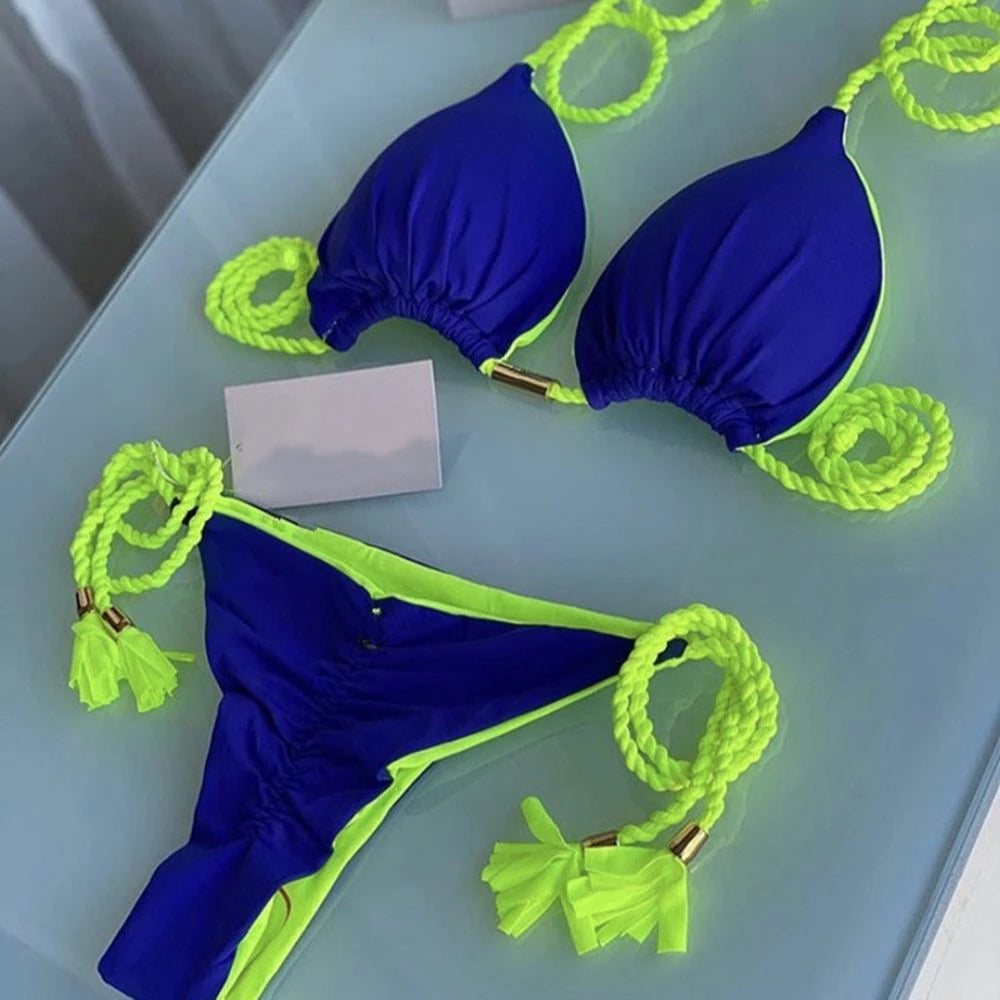 Sexy Separate Triangle Pure Color Rope Weaving Multicolor Bikini Swimsuit Suit