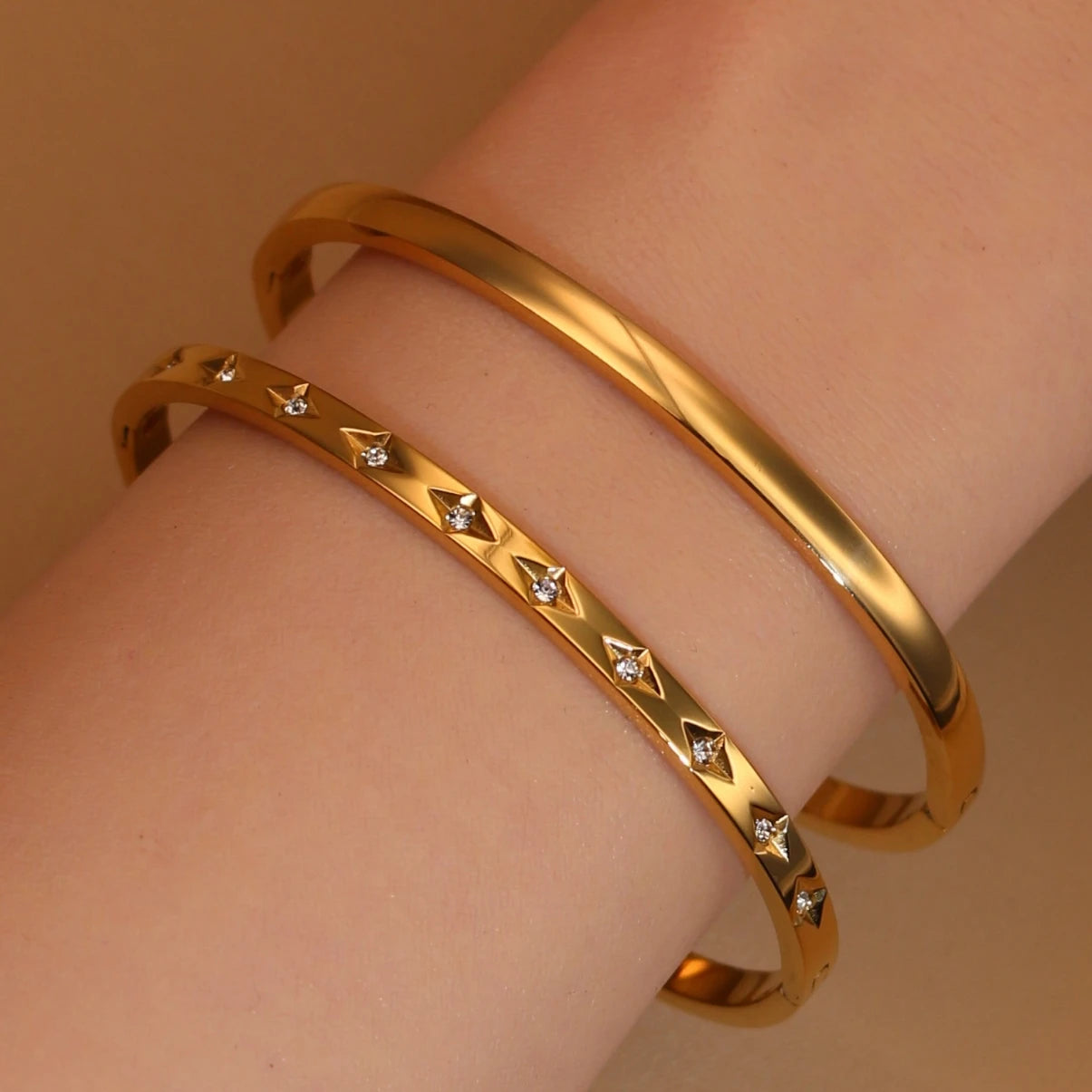 2-in-1 Women 18 K Gold Plated Zircon Stainless Steel Curved Bracelet Gift Bangle