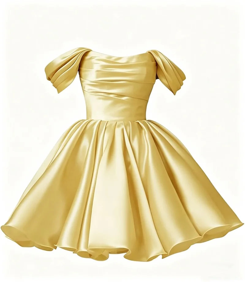Women Off The Shoulder Satin Homecoming A Line Short Pleated Strapless Prom Evening Dress w/ Pockets