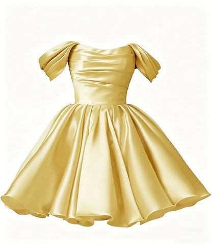 Women Off The Shoulder Satin Homecoming A Line Short Pleated Strapless Prom Evening Dress w/ Pockets