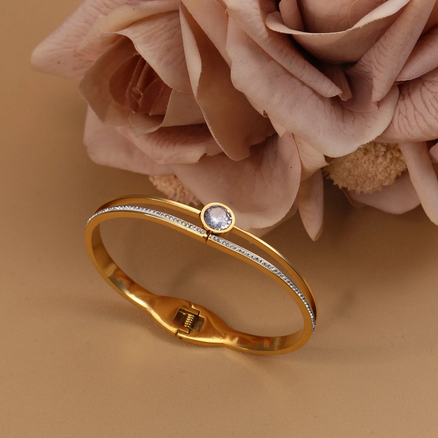 Women Beautiful Stainless Steel 18k Gold Color Bangle Crystal Design Charm Bracelet