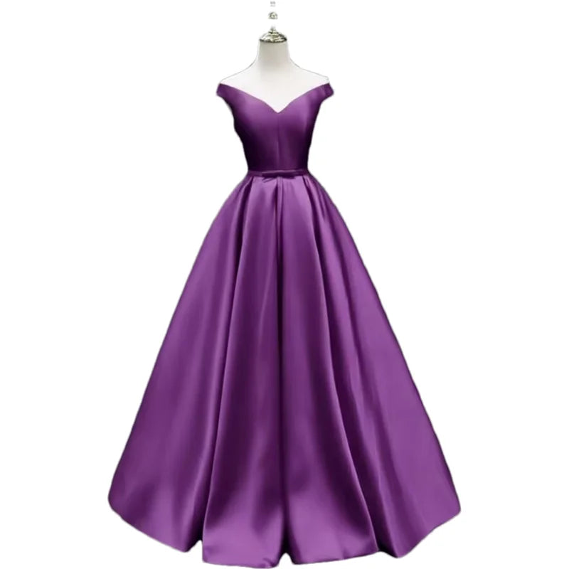 Off-Shoulder A-Line Satin Formal Women Prom Long Evening Party Gown Dress w/ Pockets