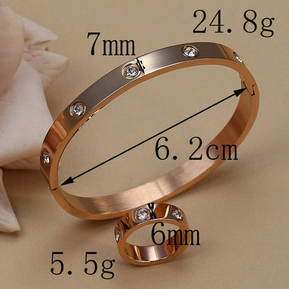 2-in-1 Women 18K Gold-Plated Stainless Steel Bracelet Ring Jewelry Set.