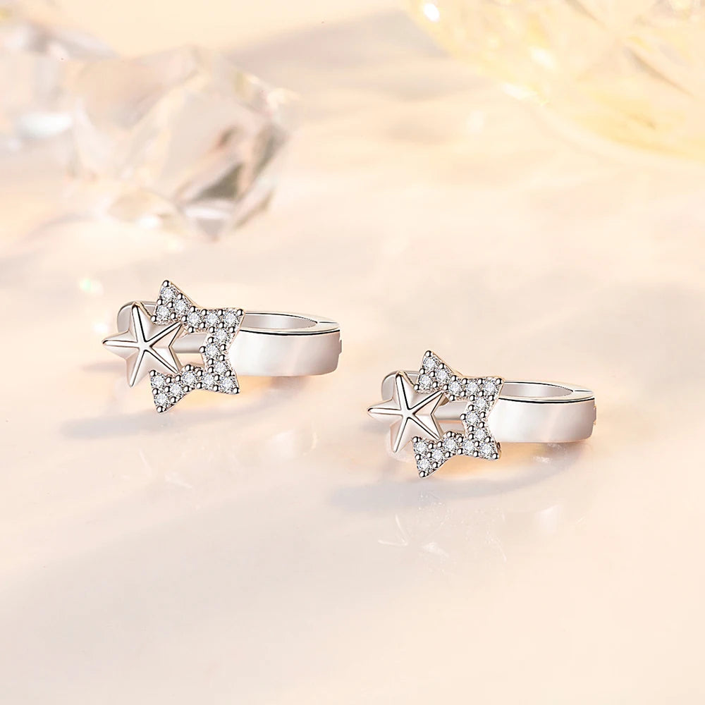 Women New 925 Sterling Silver Crystal Bridal Star Hoop Earrings