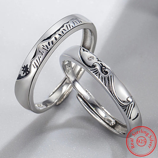 Solid 925 Sterling Silver Bridal Wedding Party Mountains Seas Couple Rings