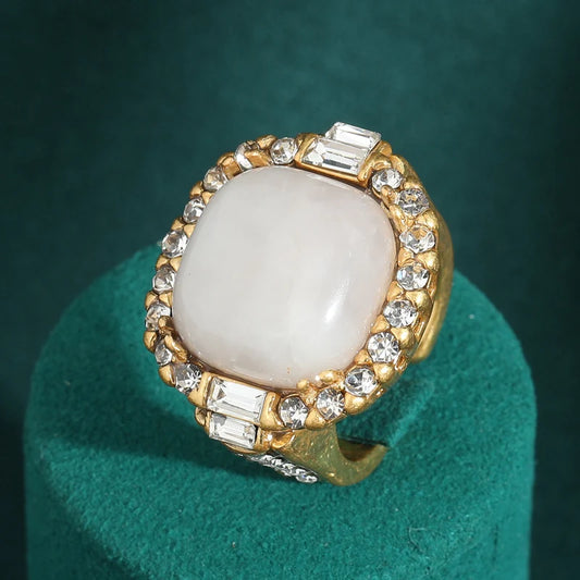 Luxury Vintage Square Shape Opal Pink Natural Stone Rhinestone Antique Wedding Ring