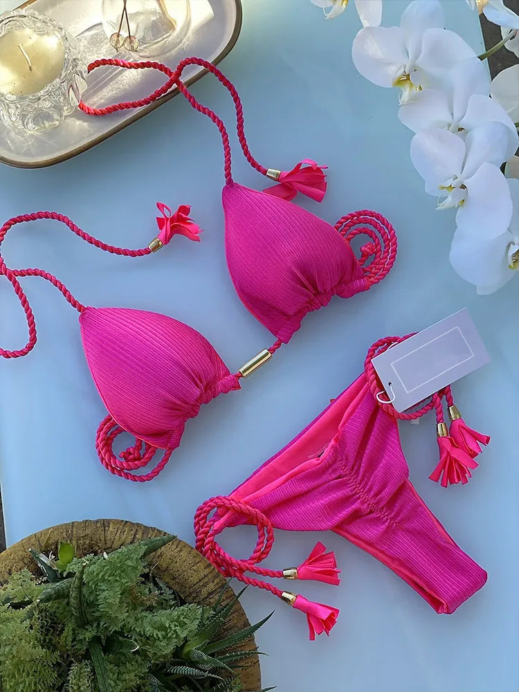 Woman Sexy Bathing Solid Triangle Adjustable Bandage Bikini Swimwear Swimsuit Beachwear