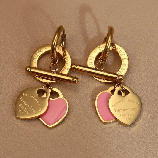 Stainless Steel Double Heart LOVE Pendant Love Party Wedding Earrings Jewelry