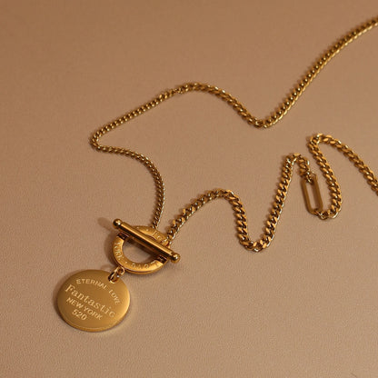 FOREVER LOVE Roman Numeral Round Stainless Steel 18K Gold Pated Women's Pendant Necklace