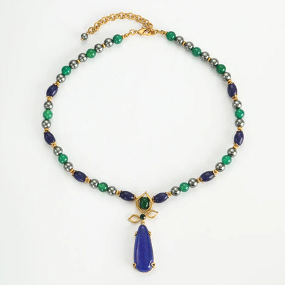 Women Long Blue Natural Stone Vintage Beaded Chain Pearl Designer Pendant Necklaces