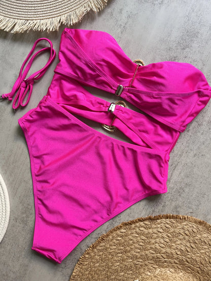 Sexy Strapless Hollow Out One Piece Women Beach Bikini Solid Backless Swimsuit