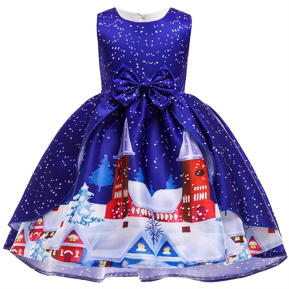 Kids Girls Princess Cartoon Santa Claus Snowflake Costume Xmas Party Print Dress