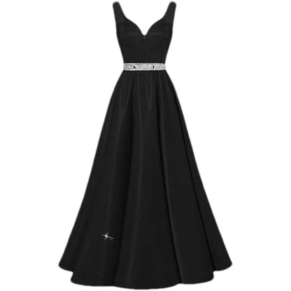 Women Glitter Satin Prom Long Corset V-Neck Beaded Belt Formal Evening Party Dress w/ Pockets
