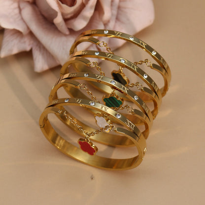 Roman Numeral Crystal Flower Shaped Pendant Stainless Steel Bracelet Bangles