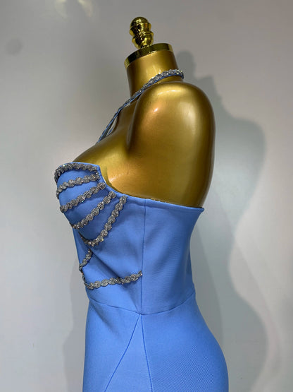 Sexy Halter Long Bandage Shiny Crystal Backless Evening Party Birthday Dress